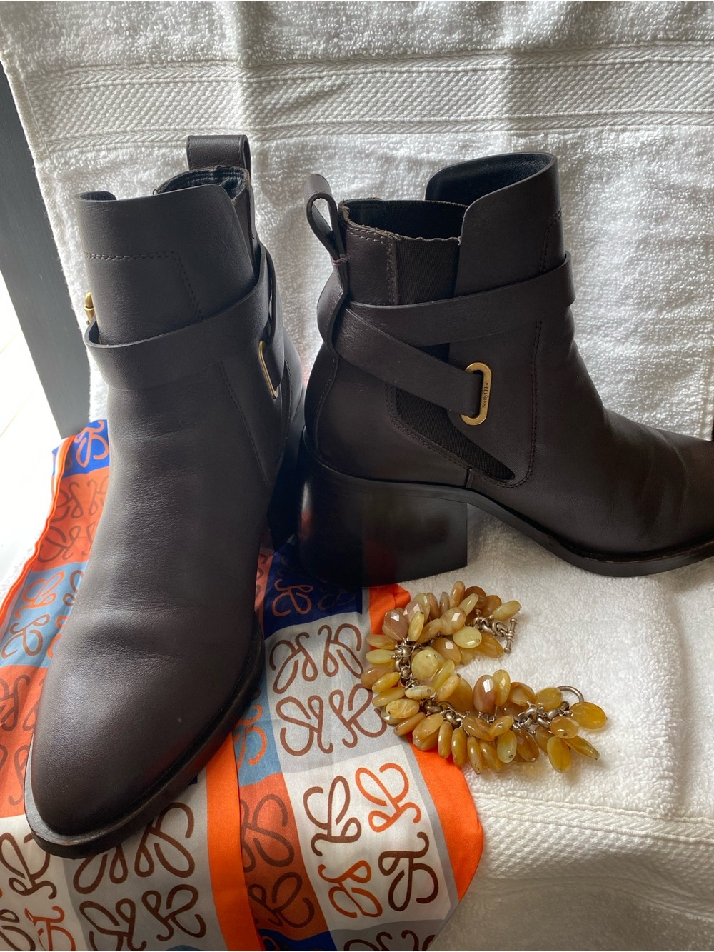 See By Chloé Dark Brown Leather Ankle Boots with Gold Accent